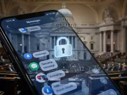 Ein Smartphone-Bildschirm mit einer sicheren Messaging-App und einem Vorhängeschloss-Symbol, im Hintergrund ein verschwommenes Regierungsgebäude. - Foto: über boerse-global.de