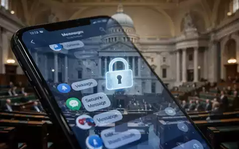 Ein Smartphone-Bildschirm mit einer sicheren Messaging-App und einem Vorhängeschloss-Symbol, im Hintergrund ein verschwommenes Regierungsgebäude. - Foto: über boerse-global.de