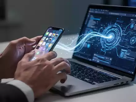 Hände interagieren mit iPhone und MacBook Pro, leuchtendes digitales Symbol für Gerätekompatibilität. - Foto: über boerse-global.de