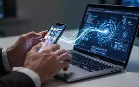 Hände interagieren mit iPhone und MacBook Pro, leuchtendes digitales Symbol für Gerätekompatibilität. - Foto: über boerse-global.de