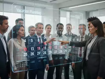 Eine Gruppe von Menschen betrachtet einen digitalen Bildschirm mit Kalenderdaten und Diagrammen, die Urlaubsplanung und Arbeitsrecht symbolisieren. - Foto: über boerse-global.de