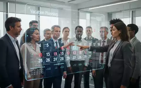 Eine Gruppe von Menschen betrachtet einen digitalen Bildschirm mit Kalenderdaten und Diagrammen, die Urlaubsplanung und Arbeitsrecht symbolisieren. - Foto: über boerse-global.de