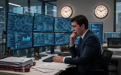 Eine gestresste Person in einem modernen Büro, umgeben von Bildschirmen mit komplexen Daten und Rechtsdokumenten, die Zeitmangel und rechtliche Herausforderungen symbolisieren. - Foto: über boerse-global.de
