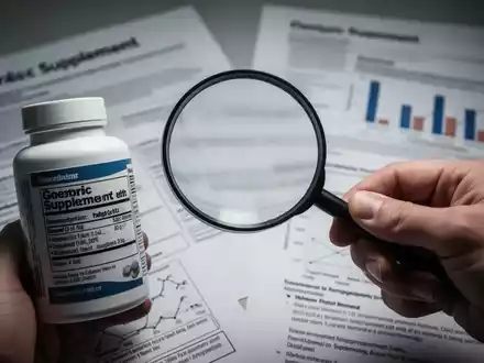 Eine Hand hält eine Lupe über eine Flasche mit Nahrungsergänzungsmitteln, im Hintergrund verschwommene Forschungsunterlagen. - Foto: über boerse-global.de