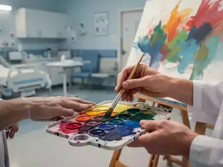 Hände mischen bunte Wasserfarben auf einer Palette, im Hintergrund verschwommene Pinselstriche auf einer Leinwand, symbolisiert Kunsttherapie. - Foto: über boerse-global.de