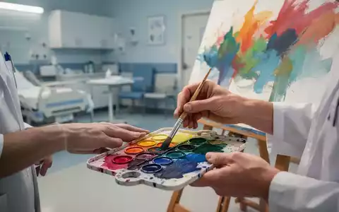 Hände mischen bunte Wasserfarben auf einer Palette, im Hintergrund verschwommene Pinselstriche auf einer Leinwand, symbolisiert Kunsttherapie. - Foto: über boerse-global.de