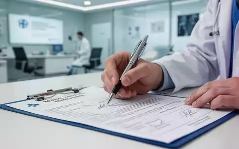 Eine Hand hält einen Stift, bereit, ein ärztliches Attest zu unterschreiben, mit einem verschwommenen Arztpraxishintergrund. - Foto: über boerse-global.de