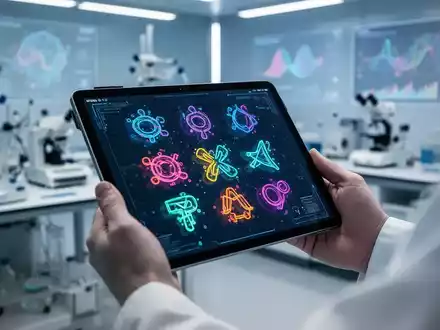 Hände halten ein Tablet mit bunten Symbolen, im Hintergrund verschwommene Laborgeräte und Datenvisualisierungen. - Foto: über boerse-global.de