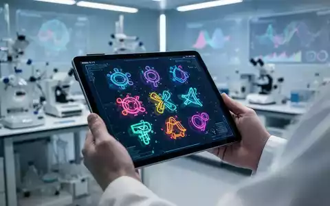 Hände halten ein Tablet mit bunten Symbolen, im Hintergrund verschwommene Laborgeräte und Datenvisualisierungen. - Foto: über boerse-global.de
