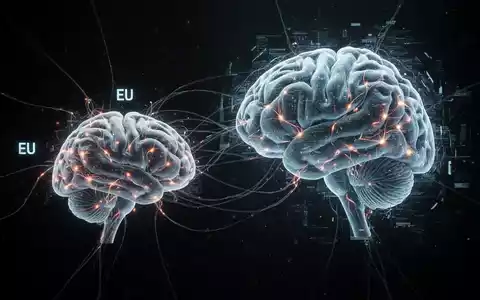 Kleineres, leuchtendes digitales Gehirn mit 'EU' ist subtil mit größerem, dominantem Gehirn mit 'US' verbunden, symbolisiert Abhängigkeit. - Foto: über boerse-global.de