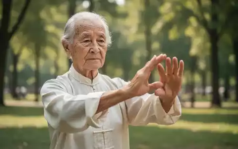 Eine ältere Person führt langsame Tai-Chi-Bewegungen in einem ruhigen Park aus, mit Fokus auf Hände und Gesichtsausdruck. - Foto: über boerse-global.de