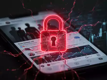 Ein bedrohliches, rot leuchtendes digitales Schloss-Symbol über einem unscharfen Smartphone-Display mit Social-Media-Feed und Finanzdiagrammen. - Foto: über boerse-global.de