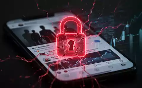Ein bedrohliches, rot leuchtendes digitales Schloss-Symbol über einem unscharfen Smartphone-Display mit Social-Media-Feed und Finanzdiagrammen. - Foto: über boerse-global.de