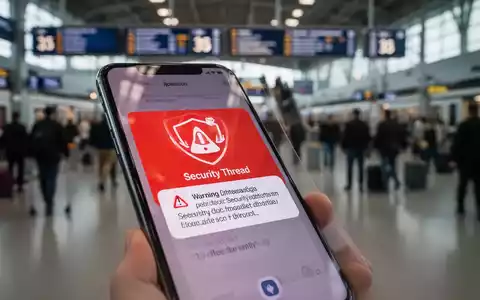 Ein Smartphone-Bildschirm mit einer Sicherheitswarnung, unscharfer Hintergrund eines belebten Verkehrsknotenpunkts. - Foto: über boerse-global.de
