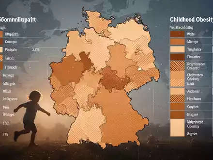 Eine stilisierte Deutschlandkarte mit Datenvisualisierungen zu sozioökonomischen Unterschieden und Übergewichtsraten bei Kindern. - Foto: über boerse-global.de
