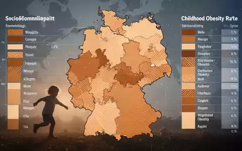 Eine stilisierte Deutschlandkarte mit Datenvisualisierungen zu sozioökonomischen Unterschieden und Übergewichtsraten bei Kindern. - Foto: über boerse-global.de
