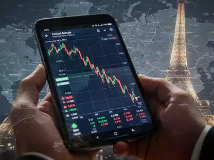 Nahaufnahme einer Hand, die ein Smartphone mit einem fallenden Börsenchart vor einem stilisierten Pariser Stadtplan hält. - Foto: über boerse-global.de