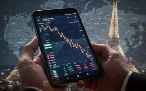 Nahaufnahme einer Hand, die ein Smartphone mit einem fallenden Börsenchart vor einem stilisierten Pariser Stadtplan hält. - Foto: über boerse-global.de
