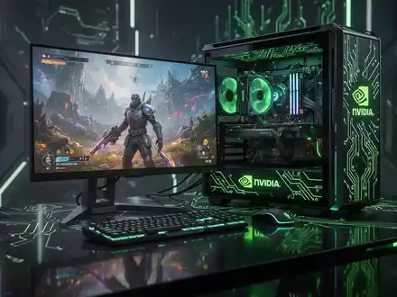 Zukunftssicheres Gaming-Setup mit Computer, der ein lebendiges Videospiel zeigt, Symbol für fortschrittliche Grafiktechnologie. - Foto: über boerse-global.de