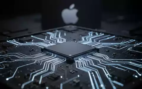 Nahaufnahme einer leuchtenden, komplexen Leiterplatte, die einen leistungsstarken Halbleiterchip symbolisiert. Ein unscharfes Apple-Logo im Hintergrund. - Foto: über boerse-global.de