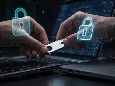 Eine Hand steckt einen Sicherheitsschlüssel in ein Laptop, auf dem Bildschirm ein digitales Vorhängeschloss-Symbol, das verbesserte KI-Sicherheit symbolisiert. - Foto: über boerse-global.de