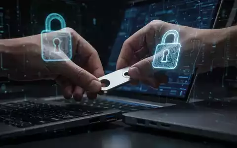 Eine Hand steckt einen Sicherheitsschlüssel in ein Laptop, auf dem Bildschirm ein digitales Vorhängeschloss-Symbol, das verbesserte KI-Sicherheit symbolisiert. - Foto: über boerse-global.de