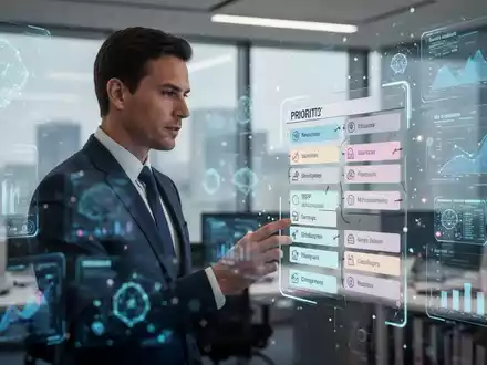 Ein fokussierter Geschäftsmann in einem modernen Büro vor digitalen Schnittstellen, der eine priorisierte Aufgabenliste betrachtet. - Foto: über boerse-global.de