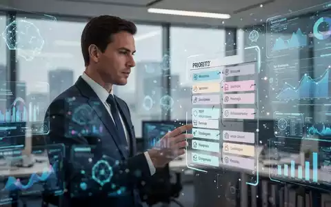 Ein fokussierter Geschäftsmann in einem modernen Büro vor digitalen Schnittstellen, der eine priorisierte Aufgabenliste betrachtet. - Foto: über boerse-global.de