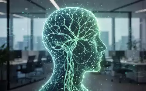 Abstrakter menschlicher Kopf mit leuchtendem neuronalem Netz, symbolisiert KI und Resilienz in einer modernen Büroumgebung. - Foto: über boerse-global.de