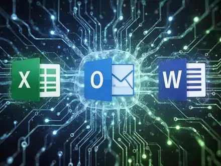 Leuchtendes neuronales Netzwerk mit Microsoft-Office-Symbolen (Excel, Outlook, Word), symbolisiert KI-Integration und Datenfluss. - Foto: über boerse-global.de