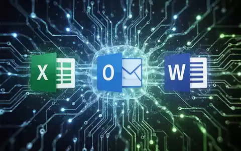 Leuchtendes neuronales Netzwerk mit Microsoft-Office-Symbolen (Excel, Outlook, Word), symbolisiert KI-Integration und Datenfluss. - Foto: über boerse-global.de