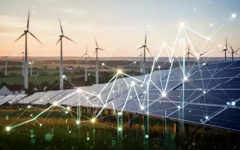 Ein stilisiertes Diagramm eines wachsenden Finanzfonds, überlagert auf einem unscharfen Hintergrund von Solarmodulen und Windturbinen bei Sonnenaufgang. - Foto: über boerse-global.de