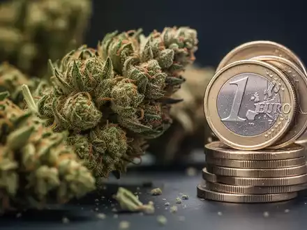 Nahaufnahme von getrockneten Cannabisblüten neben einem Stapel deutscher Euro-Münzen, die finanzielle Belastung symbolisierend. - Foto: über boerse-global.de