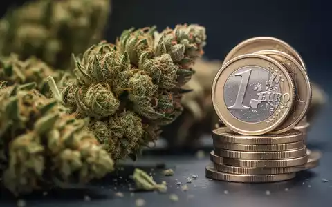 Nahaufnahme von getrockneten Cannabisblüten neben einem Stapel deutscher Euro-Münzen, die finanzielle Belastung symbolisierend. - Foto: über boerse-global.de