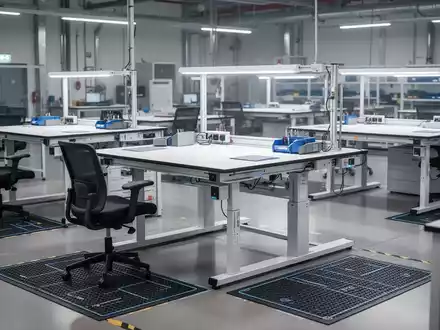 Ein moderner, inklusiver Industriearbeitsplatz mit höhenverstellbaren Tischen und ergonomischen Stühlen, der Barrierefreiheit und Produktivität fördert. - Foto: über boerse-global.de