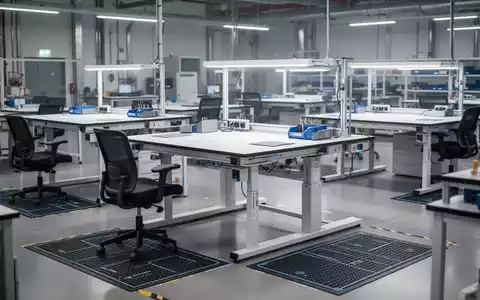 Ein moderner, inklusiver Industriearbeitsplatz mit höhenverstellbaren Tischen und ergonomischen Stühlen, der Barrierefreiheit und Produktivität fördert. - Foto: über boerse-global.de