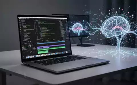 Modernes Laptop mit Code, darüber schwebende abstrakte KI-Neuronale-Netzwerk-Grafiken, symbolisieren fortschrittliche Technologie und kreative Kraft. - Foto: über boerse-global.de