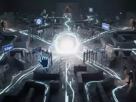 Ein digitales Labyrinth mit leuchtenden Pfaden, das manipulative Design-Taktiken zeigt, um Nutzer zu einem zentralen Browser zu lenken. - Foto: über boerse-global.de