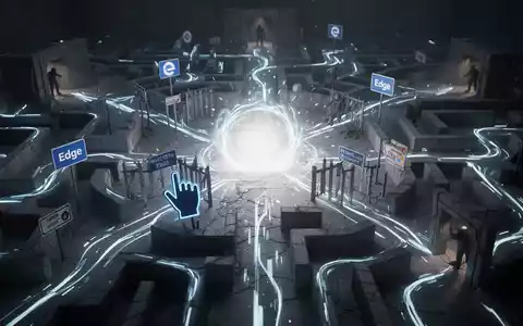 Ein digitales Labyrinth mit leuchtenden Pfaden, das manipulative Design-Taktiken zeigt, um Nutzer zu einem zentralen Browser zu lenken. - Foto: über boerse-global.de