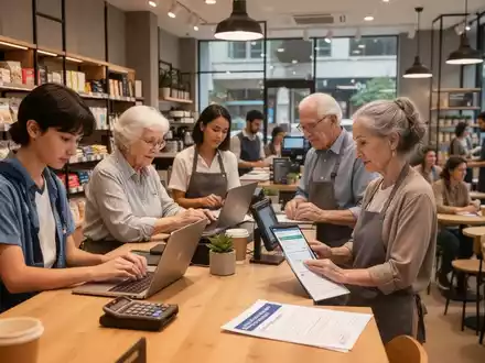Eine Gruppe von Menschen, darunter Studenten und Senioren, arbeitet in einem Geschäft und einem Café, symbolisiert Minijobs. - Foto: über boerse-global.de
