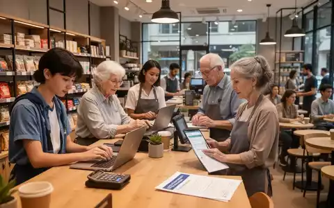 Eine Gruppe von Menschen, darunter Studenten und Senioren, arbeitet in einem Geschäft und einem Café, symbolisiert Minijobs. - Foto: über boerse-global.de