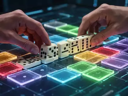 Nahaufnahme von Händen, die Dominosteine auf ein futuristisches, leuchtendes Gitter setzen, was ein digitales Logikpuzzle-Spiel veranschaulicht. - Foto: über boerse-global.de