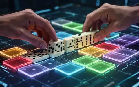 Nahaufnahme von Händen, die Dominosteine auf ein futuristisches, leuchtendes Gitter setzen, was ein digitales Logikpuzzle-Spiel veranschaulicht. - Foto: über boerse-global.de