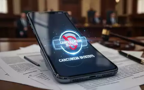 Smartphone mit digitalem 'Kündigungsbutton', dahinter verschwommene Rechtsdokumente, symbolisiert Online-Vertragskündigung. - Foto: über boerse-global.de