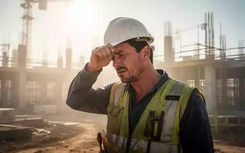 Ein erschöpfter Bauarbeiter wischt sich den Schweiß von der Stirn unter der sengenden Sonne, unscharfer Hintergrund einer Baustelle. - Foto: über boerse-global.de