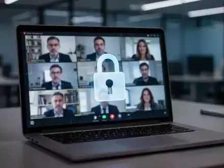 Nahaufnahme eines Laptop-Bildschirms mit einem digitalen Vorhängeschloss-Symbol über einem unscharfen Videokonferenz-Bildschirm, der Dringlichkeit vermittelt. - Foto: über boerse-global.de