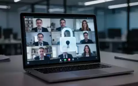 Nahaufnahme eines Laptop-Bildschirms mit einem digitalen Vorhängeschloss-Symbol über einem unscharfen Videokonferenz-Bildschirm, der Dringlichkeit vermittelt. - Foto: über boerse-global.de