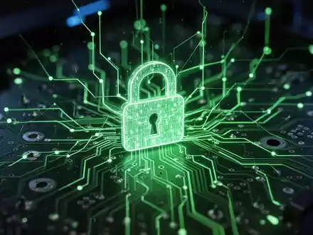 Nahaufnahme einer leuchtend grünen Leiterplatte mit digitalem Vorhängeschloss-Symbol, das Datensicherheit und Verwundbarkeit symbolisiert. - Foto: über boerse-global.de