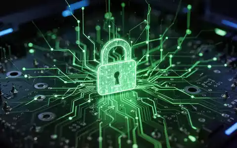Nahaufnahme einer leuchtend grünen Leiterplatte mit digitalem Vorhängeschloss-Symbol, das Datensicherheit und Verwundbarkeit symbolisiert. - Foto: über boerse-global.de
