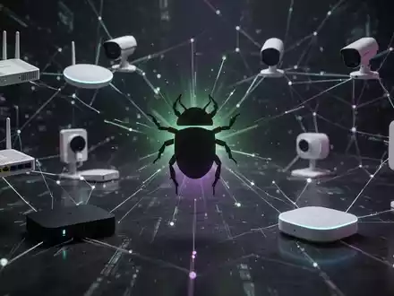 Abstraktes, dunkles digitales Netzwerk mit leuchtenden Linien, die IoT-Geräte verbinden, symbolisiert einen Botnet-Angriff. - Foto: über boerse-global.de